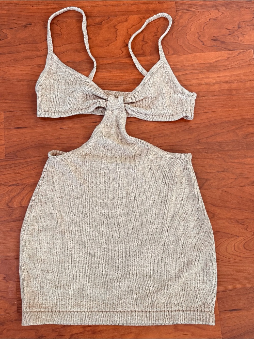 NWT Intro Center Front Twist Cutout Woven Knit Mini Short Dress Sand Size Large